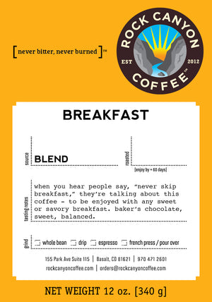 orange yellow Rock Canyon Coffee breakfast blend label with description