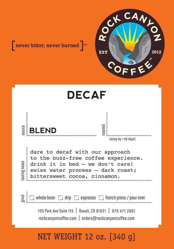 bright orange decaf rock canyon coffee label with product description