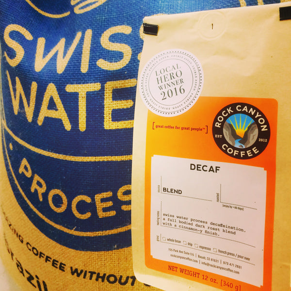Swiss water process decaf coffee bag and retail bag with local hero sticker