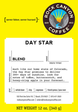 Bright yellow day star rock canyon coffee label with product description