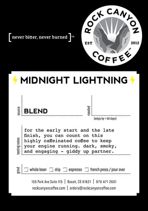 black midnight lightning rock canyon coffee product label with product description