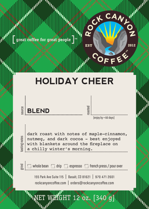 Holiday Cheer green plaid Rock Canyon Coffee label with product description